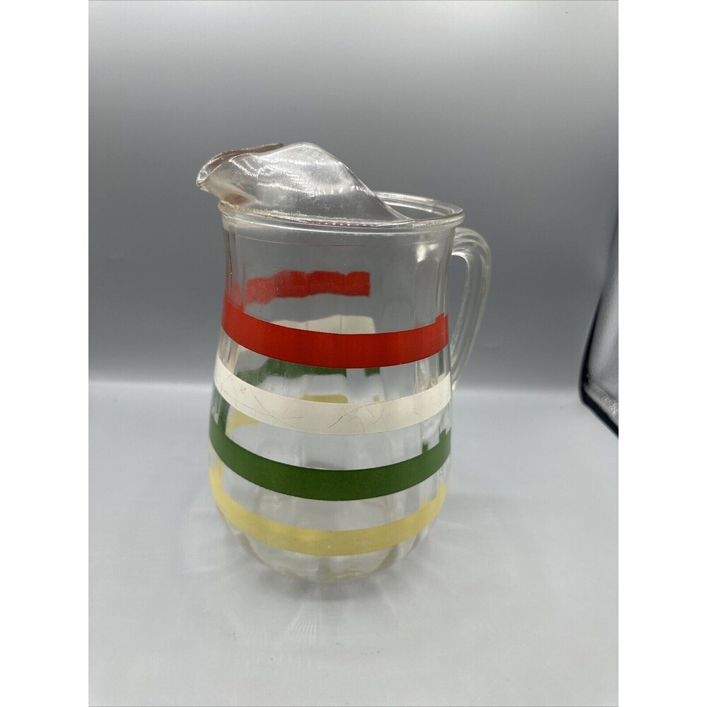 Vintage Anchor Hocking Fiesta Stripe Glass Pitcher Handle Ice Lip Mid Century 9"